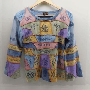 Rising International Patchwork Long Sleeve Bell Sleeve Shirt Size M Boho Hippie